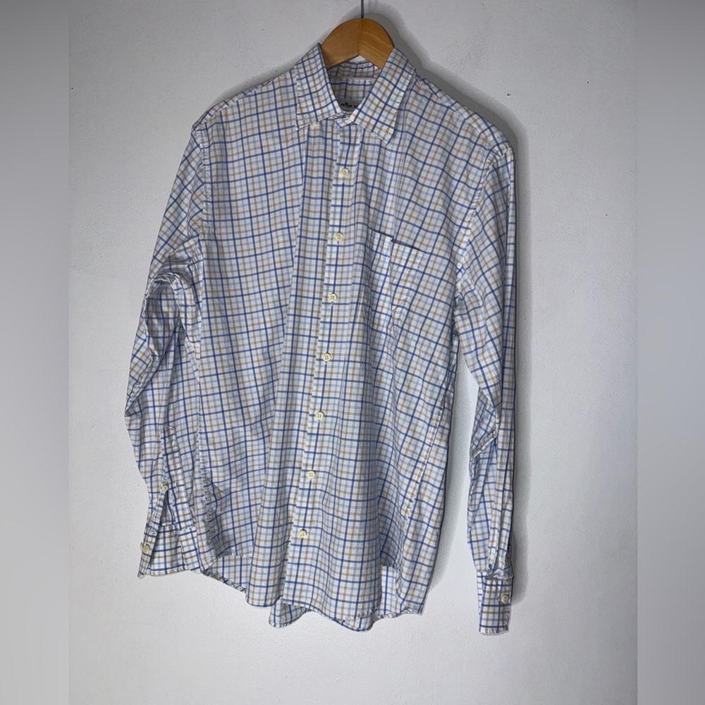 peter millar Large White Blue Plaid Collar Long Sleeve Cotton Button Down Shirt
